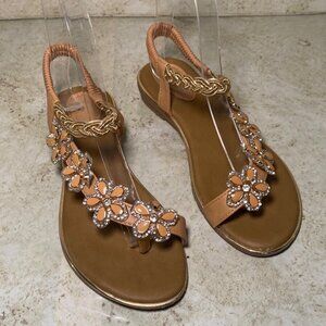 Womens Tan Beaded Floral Sandals Braided Strap Rhinestones‎ Boho Fairy Cottage